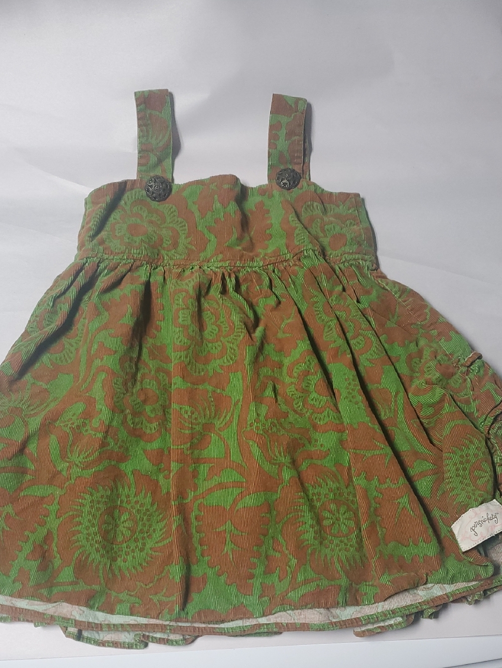 Persnickety Girls Corduroy Green and Brown Floral Pinafore Dress Size 5yrs BoHo